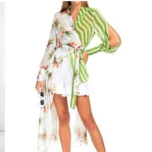 PatBo High-Low Tunic Chiffon Wrap Top XS Green Stripe Tropical Floral